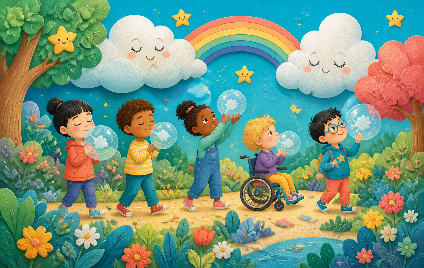 Friendly illustrated children exploring a colorful wellness world