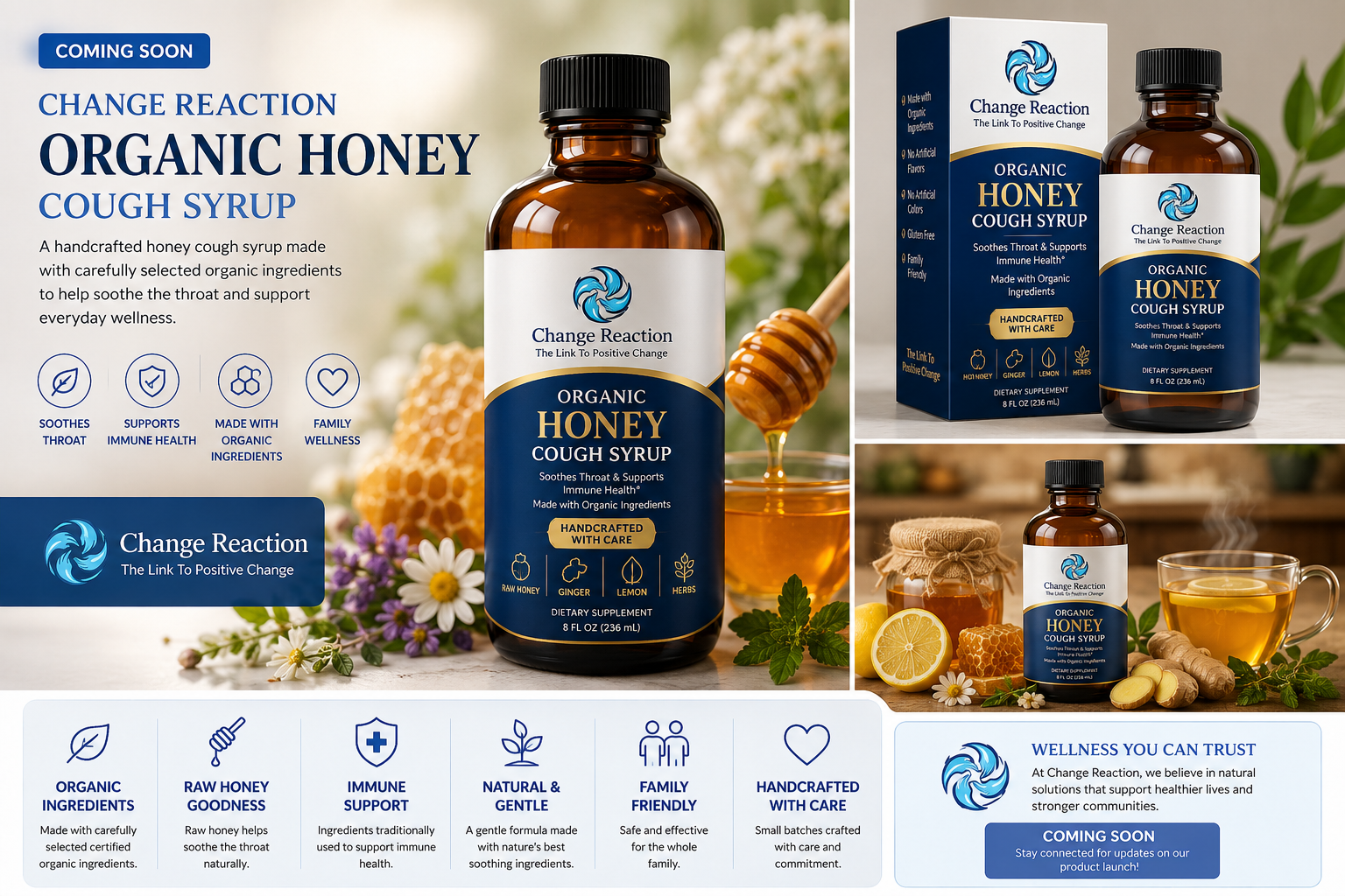 CHANGE REACTION Organic Honey Cough Syrup product preview with bottle, packaging, ingredients, and wellness benefits