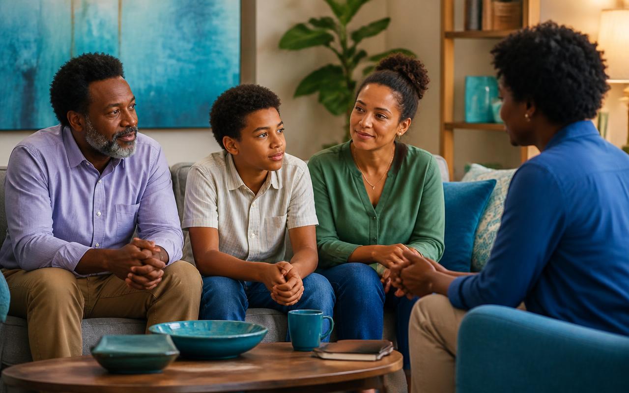 Family and teen having a thoughtful conversation with a community support professional