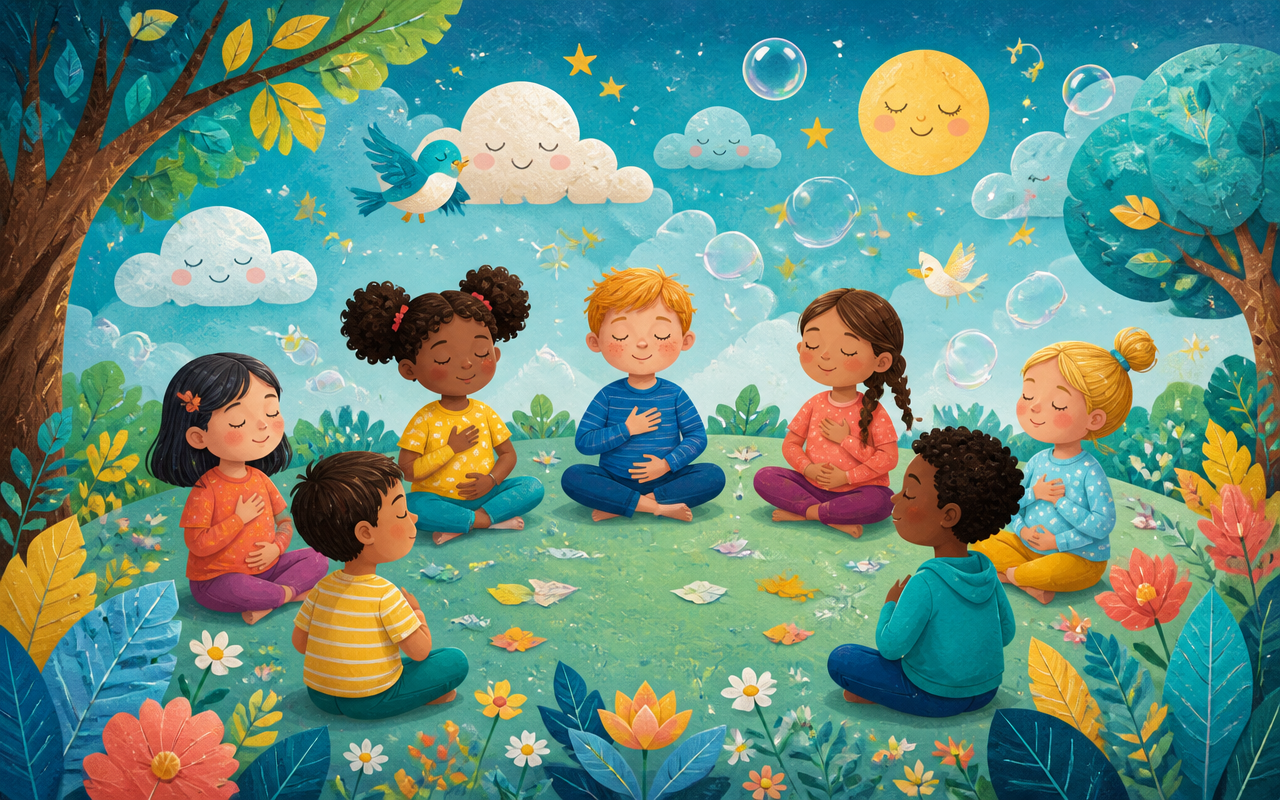 Kids practicing calm breathing in a cheerful garden