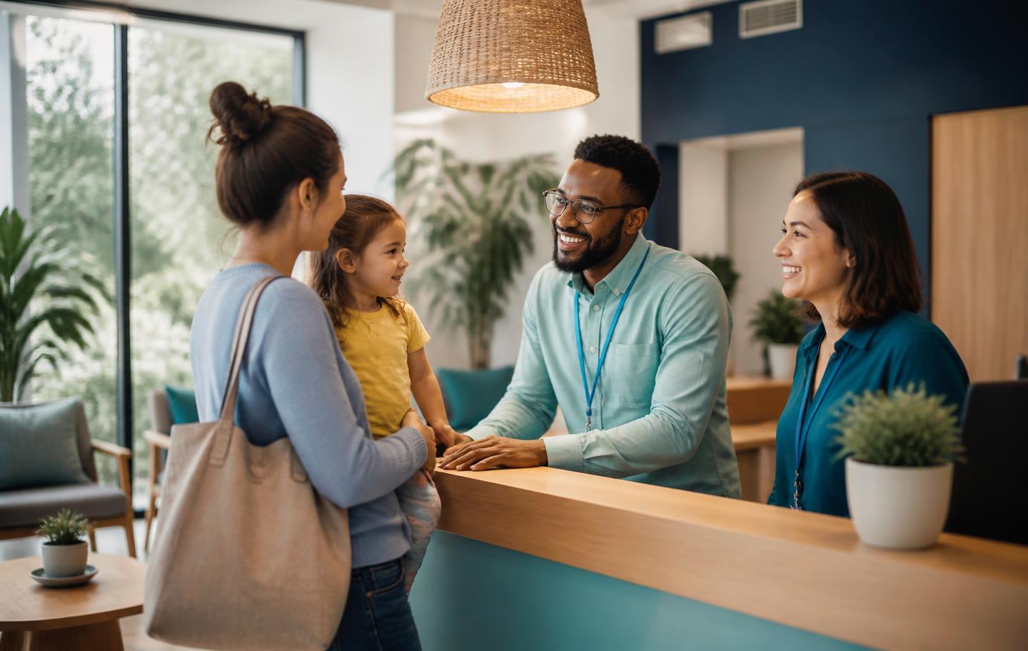 A welcoming support team greeting a parent and child