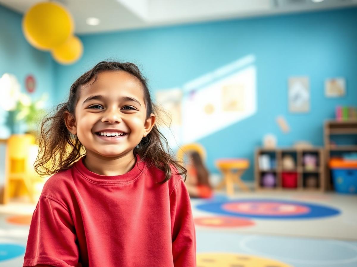 Smiling young child in a warm counseling setting