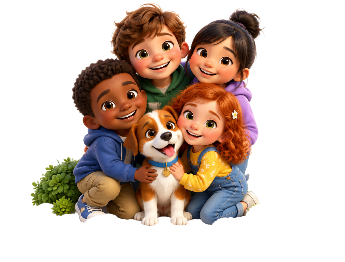 Four smiling kids hugging a happy puppy