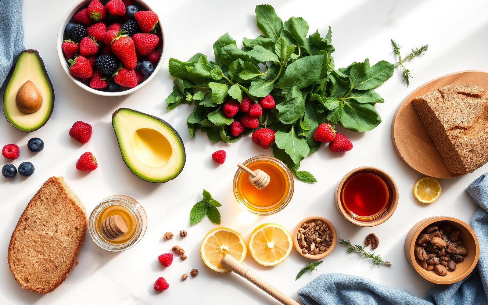 Fresh healthy ingredients — berries, avocado, greens, honey, whole-grain bread and herbs